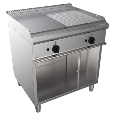 Fry top pe gaz cu suprafata neteda/striata si dulap deschis, 800x700mm