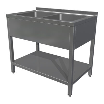 Chiuveta cu doua cuve, polita intermediara si rebord, 1200x700x850mm