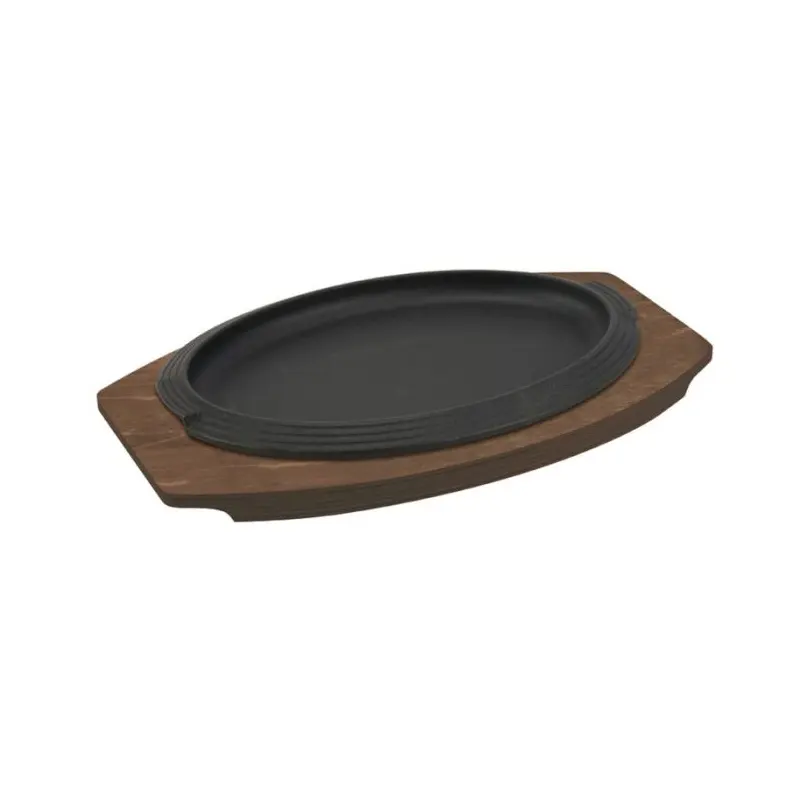 Platou oval din fonta 28x19cm cu suport de lemn