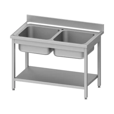 Chiuveta cu doua cuve, polita intermediara si rebord, 1200x700mm