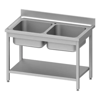 Chiuveta cu doua cuve, polita intermediara si rebord, 1000x700mm